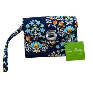 NWT Vera Bradley Chandaliere Floral Women's Wristlet Navy Blue and Orange